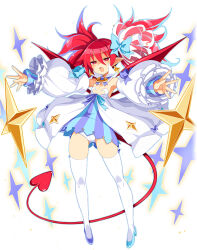 Rule 34 | 1girl, asymmetrical footwear, blue footwear, bow, demon girl, demon tail, demon wings, detached collar, detached sleeves, disgaea, disgaea rpg, etna (disgaea), flat chest, full body, hair between eyes, hair bow, long hair, long tail, mismatched footwear, non-web source, official art, open mouth, outstretched arms, panties, photoshop (medium), pointy ears, red eyes, red hair, red tail, red wings, saint etna, simple background, solo, tail, thighhighs, underwear, white background, white panties, white thighhighs, wings