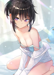 Rule 34 | 1girl, absurdres, bare legs, bare shoulders, barefoot, black hair, breasts, cleavage, collarbone, commentary request, curtains, duplicate, hair up, highres, indoors, kagawa ichigo, leaning forward, long sleeves, off shoulder, on bed, original, purple eyes, shirt, sitting, sleeves past fingers, sleeves past wrists, small breasts, solo, stuffed animal, stuffed penguin, stuffed toy, sunlight, tank top, wariza, white shirt
