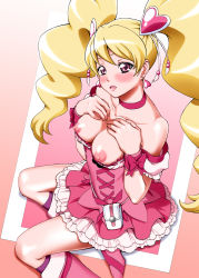 Rule 34 | 00s, 1girl, blonde hair, blush, boots, bow, breast suppress, breasts, breasts out, choker, cure peach, dress, earrings, eyelashes, fresh precure!, hair ornament, hairpin, heart, heart hair ornament, high heels, highres, jewelry, kijichuu masahiro, kijinaka mahiro, large breasts, long hair, looking at viewer, magical girl, md5 mismatch, momozono love, nipples, open mouth, pink bow, pink dress, pink eyes, pink footwear, precure, ribbon, shiny skin, smile, solo, twintails, undressing, wrist cuffs