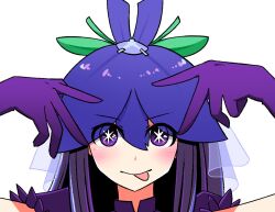 Rule 34 | 1girl, double v, fire flight, flower, flower on head, flower ornament, gloves, hoshino ai&#039;s pose, looking at viewer, net, oshi no ko, purple eyes, purple gloves, purple headwear, solo, star-shaped pupils, star (symbol), symbol-shaped pupils, tongue, tongue out, touhou, unfinished dream of all living ghost, v, white background, yomotsu hisami