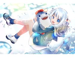 Rule 34 | 1girl, aa2233a, bloop (gawr gura), blue eyes, blue hair, blue hoodie, blue socks, blush, fins, fish tail, gawr gura, hair ornament, holding, holding stuffed toy, hololive, hololive english, hood, hood down, hoodie, letterboxed, long sleeves, looking at viewer, multicolored clothes, multicolored hair, multicolored hoodie, no pants, open mouth, shark girl, shark hair ornament, shark tail, sharp teeth, shoes, signature, smile, sneakers, socks, solo, streaked hair, stuffed toy, tail, teeth, two side up, virtual youtuber, water, water drop, white footwear, white hair, wide sleeves