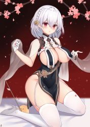 Rule 34 | 1girl, angel no shousou, azur lane, bare arms, bare shoulders, bird, braid, breast curtains, breasts, chick, china dress, chinese clothes, cleavage, dress, garter straps, gloves, hair ornament, high heels, kneeling, large breasts, looking at viewer, manjuu (azur lane), no bra, parted lips, pelvic curtain, red eyes, short hair, sirius (azur lane), sirius (azure horizons) (azur lane), sleeveless, sleeveless dress, solo, thighhighs, thighs, white gloves, white hair, white thighhighs