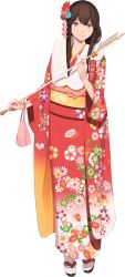 Rule 34 | 1girl, akagi (kancolle), alternate costume, brown eyes, brown hair, closed mouth, flower, full body, hair flower, hair ornament, japanese clothes, kantai collection, kimono, long hair, looking at viewer, red kimono, sandals, shibafu (glock23), smile, socks, solo, transparent background, white footwear, wide sleeves