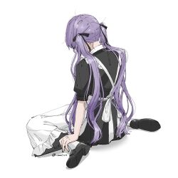 Rule 34 | 1girl, apron, black bow, black footwear, black shirt, bow, facing away, facing down, hair bow, hand on own ankle, highres, long hair, maid, maid apron, mary janes, nape, original, puffy short sleeves, puffy sleeves, purple hair, shirt, shoes, short sleeves, simple background, sitting, socks, solo, twintails, twitter username, wariza, white background, white socks, yuum1709