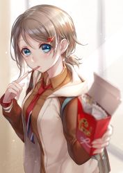 Rule 34 | 1girl, backpack, bag, blue eyes, blush, brown hair, brown shirt, collared shirt, copyright name, dated, day, eating, foreshortening, from side, glint, hair ornament, heart, heart hair ornament, incoming food, indoors, jacket, light rays, lips, lma, long sleeves, looking at viewer, looking to the side, love live!, love live! school idol festival, love live! sunshine!!, low ponytail, necktie, open clothes, open jacket, pov, red necktie, shirt, short hair, signature, solo, striped necktie, striped neckwear, sunbeam, sunlight, swept bangs, tareme, upper body, valentine, watanabe you, white jacket, wing collar
