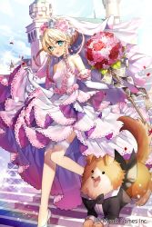 Rule 34 | 1girl, :d, age of ishtaria, animal, aqua eyes, blonde hair, bouquet, braid, bridal veil, castle, clothed animal, copyright notice, day, dog, dress, earrings, elbow gloves, fishnet pantyhose, fishnets, flower, formal, gambe, gloves, hair between eyes, hair bun, hair flower, hair ornament, high heels, holding, holding bouquet, jewelry, official art, open mouth, outdoors, pantyhose, pink flower, pink rose, red flower, red rose, rose, side braids, single hair bun, skirt hold, smile, solo, sparkle, stairs, suit, thighhighs, veil, walking, watermark, wedding dress, white flower, white gloves, white rose, white thighhighs