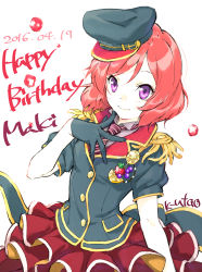 Rule 34 | 10s, 1girl, 2016, absurdres, artist name, beret, brooch, character name, dated, epaulettes, food, fruit, gloves, hand on own chest, happy birthday, hat, highres, jewelry, k utao, looking at viewer, love live!, love live! school idol festival, love live! school idol project, military, military hat, military uniform, necktie, nishikino maki, peaked cap, purple eyes, red hair, short hair, short sleeves, skirt, smile, solo, strawberry, swept bangs, uniform