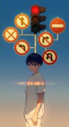 Rule 34 | 1boy, absurdres, arms at sides, black eyes, blue hair, blurry, blurry background, closed mouth, cowboy shot, dark blue hair, dated, highres, looking at viewer, no u-turn sign, on (onon2659), original, pants, road sign, shirt, short hair, sign, solo, standing, traffic light, white shirt