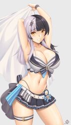 Rule 34 | 1girl, arcie albano, armpits, artist logo, bikini, black bikini, black hair, blush, breasts, cleavage, commentary request, cowboy shot, grey background, grin, hair between eyes, highres, holding, hololive, hololive english, hololive summer 2023 swimsuit, large breasts, long hair, midriff peek, multicolored bikini, multicolored clothes, multicolored hair, navel, official alternate costume, shiori novella, simple background, smile, solo, split-color hair, streaked hair, swimsuit, thigh strap, very long hair, virtual youtuber, white bikini, white hair, wristband, yellow eyes