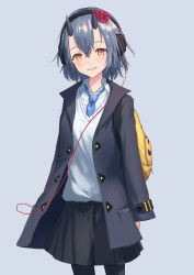 Rule 34 | 1girl, backpack, bag, black skirt, blue coat, blue hair, blue necktie, blush, cable, coat, collared shirt, commentary request, cowboy shot, flower, grin, hair between eyes, hair flower, hair ornament, headphones, highres, horns, legs apart, long sleeves, looking at viewer, miniskirt, necktie, oni horns, open clothes, open coat, original, pantyhose, pleated skirt, red flower, roke (taikodon), sharp teeth, shirt, short hair, simple background, skirt, sleeves past wrists, smile, solo, standing, sweater, teeth, white shirt, white sweater, wing collar, yellow eyes