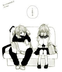 Rule 34 | &gt;:), 1boy, 1girl, anzu (o6v6o), bag, brother and sister, couch, covering face, duffel bag, genderswap, genderswap (ftm), genderswap (mtf), greyscale, hair ornament, hairpin, kagamine lenka, kagamine rinto, kneehighs, long sleeves, looking at another, monochrome, neckerchief, pants, ponytail, scarf, school bag, school uniform, serafuku, shoes, siblings, simple background, sitting, skirt, socks, translation request, twins, vocaloid, white background