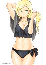 Rule 34 | 1girl, bikini, black bikini, blonde hair, breasts, cleavage, collarbone, commentary request, cowboy shot, green eyes, hair between eyes, kantai collection, kudou (ooabareteng), large breasts, long hair, looking at viewer, mole, mole under eye, mole under mouth, one-hour drawing challenge, richelieu (kancolle), side-tie bikini bottom, simple background, solo, standing, swimsuit, twitter username, white background