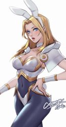 Rule 34 | alternate costume, animal ears, armor, blonde hair, blue eyes, bodysuit, boobplate, breastplate, breasts, citemer, cleavage, covered navel, fake animal ears, hand on own hip, league of legends, long hair, lux (league of legends), medium breasts, rabbit ears, simple background, solo, standing, tagme, white background