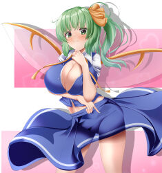 Rule 34 | 1girl, absurdres, ahoge, blue skirt, blue vest, blush, breasts, cleavage, closed mouth, commentary, daiyousei, green eyes, green hair, hair ribbon, highres, huge breasts, looking at viewer, medium hair, musi tino, one side up, pink background, ribbon, shirt, short sleeves, skirt, smile, solo, touhou, transparent wings, vest, white shirt, yellow ribbon
