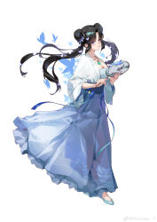 Rule 34 | 1girl, absurdres, aqua footwear, black hair, breasts, bug, butterfly, chinese clothes, cleavage, closed mouth, cloud print, double bun, flats, floral print, hair bun, hair intakes, hand fan, hanfu, highres, holding, holding fan, insect, large breasts, long hair, long skirt, nicholas f, paper fan, purple eyes, purple skirt, sidelocks, skirt, solo, standing, twintails, uchiwa, very long hair, weibo logo, weibo watermark, white background, wide sleeves, xianjian qixia zhuan, zhao linger