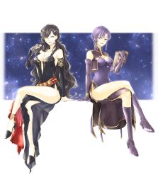 Rule 34 | 2girls, anklet, arm up, azukiazi mattya, bare shoulders, black dress, black gloves, black hair, book, bracelet, breasts, circlet, cleavage, collarbone, crossed legs, detached sleeves, dress, earrings, elbow gloves, fingernails, fire emblem, fire emblem: the blazing blade, gloves, hair lift, high heels, highres, holding, holding book, jewelry, large breasts, lipstick, long hair, looking at viewer, makeup, mature female, medium breasts, multiple girls, nail polish, nintendo, no panties, pelvic curtain, plunging neckline, purple eyes, purple hair, red lips, red nails, red sash, sash, short hair, side slit, sitting, smile, sonia (fire emblem: the blazing blade), star (symbol), starry background, strapless, strapless dress, thighs, ursula (fire emblem), yellow eyes