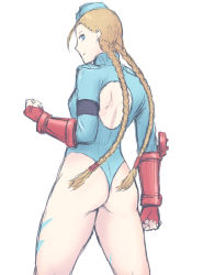Rule 34 | 1girl, ass, back, back cutout, blonde hair, blue eyes, blue hat, braid, cammy white, capcom, closed mouth, clothing cutout, cowboy shot, from behind, garrison cap, gloves, hat, highleg, highleg leotard, legs, leotard, long sleeves, looking at viewer, looking back, red gloves, ribbed leotard, shadaloo dolls, simple background, sketch, solo, standing, street fighter, street fighter zero (series), thighs, twin braids, twintails, white background, yumeaso