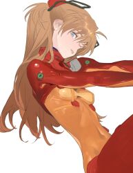 Rule 34 | 1girl, blue eyes, bodysuit, breasts, brown hair, evangelion: 2.0 you can (not) advance, highres, horikwawataru, long hair, looking at viewer, medium breasts, multicolored bodysuit, multicolored clothes, neon genesis evangelion, orange bodysuit, outstretched arms, plugsuit, rebuild of evangelion, red bodysuit, see-through, see-through bodysuit, shiny clothes, simple background, small breasts, solo, souryuu asuka langley, test plugsuit, white background