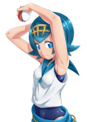 Rule 34 | 1girl, alternate color, armpits, arms up, blue eyes, blue hair, blue sailor collar, blush, breasts, closed mouth, covered navel, creatures (company), game freak, hairband, holding, lana (pokemon), looking at viewer, matching hair/eyes, nintendo, one-piece swimsuit, pants, poke ball, poke ball (basic), pokemon, pokemon sm, sailor collar, sazanami tarou, shiny clothes, shiny skin, shirt, short hair, simple background, skin tight, sleeveless, small breasts, smile, solo, swimsuit, swimsuit under clothes, trial captain, upper body, white background