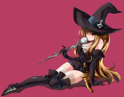 Rule 34 | 1girl, amagai yukino, arm support, artdink, blonde hair, boots, brown eyes, elbow gloves, gloves, hat, long hair, scepter, solo, tactics ogre, thigh boots, thighhighs, witch, witch (tactics ogre), witch hat