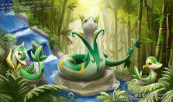 Rule 34 | bamboo, bamboo forest, brown eyes, closed mouth, creatures (company), deviantart username, evolutionary line, forest, game freak, gen 5 pokemon, half-closed eyes, nature, nintendo, no humans, pokemon, pokemon (creature), red eyes, rock, serperior, servine, slifertheskydragon, smile, snivy, water, waterfall