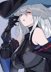 Rule 34 | 1girl, absurdres, arknights, ascot, black ascot, black gloves, black hat, black shirt, blue background, breasts, chaoxi, commentary, crying, crying with eyes open, detached sleeves, eyelashes, gloves, hair between eyes, half-closed eyes, hat, highres, large breasts, long hair, looking at viewer, open mouth, red eyes, shirt, silver hair, simple background, skadi (arknights), skadi (elite ii) (arknights), sleeveless, sleeveless shirt, solo, tears, turtleneck, upper body
