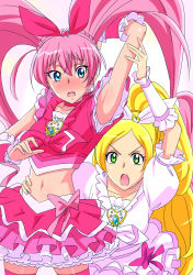 Rule 34 | 10s, 2girls, arm up, armpits, blonde hair, blue eyes, blush, bow, cure melody, cure rhythm, earrings, eyelashes, face, green eyes, highres, houjou hibiki, ishii takamori, jewelry, long hair, looking at viewer, magical girl, midriff, minamino kanade, multiple girls, navel, open mouth, pink bow, pink hair, pink legwear, ponytail, precure, suite precure, thighhighs, twintails, very long hair, zettai ryouiki