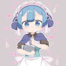 Rule 34 | 1boy, apron, blue eyes, blue hair, blush, bowl, capelet, cooking, dress, grey background, highres, made in abyss, maid headdress, male focus, maruruk, natsuo (azabuchan1221), pouch, short hair, solo, trap, whisk, whistle