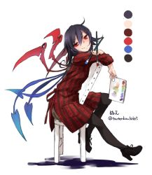 Rule 34 | 1girl, alternate costume, asymmetrical wings, black hair, black pantyhose, blush, boots, chair, color guide, contemporary, full body, high heels, houjuu nue, long sleeves, looking at viewer, paintbrush, pantyhose, red eyes, short hair, simple background, sitting, smile, solo, striped, touhou, toutenkou, twitter username, white background, wings