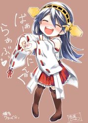Rule 34 | 10s, 1girl, aged down, black hair, blush, brown thighhighs, burning love (phrase), detached sleeves, closed eyes, full body, haruna (kancolle), headgear, heart, heart hands, kantai collection, long hair, nontraditional miko, open mouth, signature, smile, solo, takana shinno, teeth, thighhighs, translated