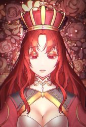 Rule 34 | 1girl, breasts, chromatic aberration, cleavage, clothing cutout, colored eyelashes, crown, eyeshadow, flower, gem, highres, lips, long hair, looking down, makeup, original, parted bangs, pink eyes, red eyes, red theme, rose, solo, zelato