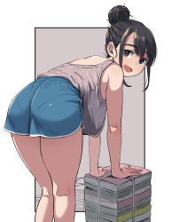 Rule 34 | 1girl, ass, black eyes, black hair, blue shorts, blush, breasts, commentary request, from behind, geso smith, grey tank top, hair bun, head tilt, highres, large breasts, leaning forward, mole, mole under eye, open mouth, original, pantylines, paper, paper stack, sagging breasts, shorts, simple background, single hair bun, solo, tank top, two-tone background
