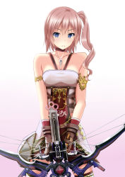 Rule 34 | 1girl, absurdres, armlet, blue eyes, bowl, breasts, cleavage, collarbone, final fantasy, final fantasy xiii, final fantasy xiii-2, gloves, hatsune haruka, highres, jewelry, looking at viewer, necklace, pink hair, serah farron, serious, side ponytail, solo