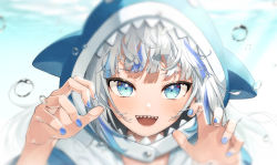 Rule 34 | 1girl, :d, absurdres, animal hood, blue eyes, blue nails, blue skirt, blush, commentary request, fingernails, gawr gura, highres, hololive, hololive english, hood, hood up, kabu (niniko2ko), long fingernails, long hair, looking at viewer, mixed-language commentary, multicolored hair, nail polish, open mouth, portrait, shark hood, sharp teeth, silver hair, skirt, smile, solo, streaked hair, teeth, two-tone hair, upper body, upper teeth only, virtual youtuber, water drop