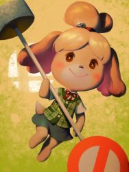 Rule 34 | 1girl, animal crossing, animal ears, bell, bellhenge, blush stickers, dog, dog ears, dog girl, dog tail, furry, furry female, hair bell, hair ornament, isabelle (animal crossing), looking at viewer, nintendo, solo, super smash bros., tail, topknot