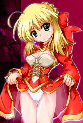 Rule 34 | 10s, 1girl, bad id, bad pixiv id, blonde hair, bow, braid, breasts, coat, dress, fate/extra, fate/stay night, fate (series), green eyes, hair ribbon, nero claudius (fate), nero claudius (fate) (all), nero claudius (fate/extra), panties, pantyshot, ribbon, see-through, serious, short hair, sidelocks, solo, underwear, white panties, zipang (zip@ng works)