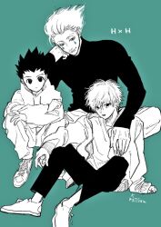 Rule 34 | 3boys, aqua background, artist name, casual, child, closed mouth, copyright name, crossed arms, drawstring, facepaint, facial mark, gon freecss, hair slicked back, hand on another&#039;s shoulder, head rest, hisoka morow, hood, hood down, hoodie, hunter x hunter, jacket, killua zoldyck, knees up, looking at viewer, male focus, monochrome, morisita suu, multiple boys, outstretched arm, outstretched leg, pants, shoes, simple background, sitting, sketch, smile, sneakers, spiked hair, turtleneck, widow&#039;s peak
