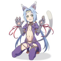 Rule 34 | 1girl, animal ears, animal hands, blue hair, blush, cat ears, cat tail, feet, full body, gloves, green eyes, highres, kaien advance, long hair, looking at viewer, low twintails, meracle chamlotte, navel, open mouth, simple background, smile, solo, star ocean, star ocean the last hope, tail, thighhighs, twintails, white background