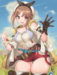 Rule 34 | 1girl, :d, absurdres, atelier (series), atelier ryza, atelier ryza 1, belt, belt buckle, beret, bird, blue belt, blush, breasts, brown belt, brown eyes, brown gloves, brown hair, buckle, cleavage, clothing cutout, cloud, cloudy sky, collarbone, commentary, cowboy shot, day, flask, gloves, hair ornament, hairclip, hands up, hat, highres, hip focus, hood, hood down, hooded jacket, jacket, jewelry, large breasts, leather, leather belt, leather gloves, looking at viewer, midriff peek, navel cutout, necklace, open mouth, outdoors, pouch, red shorts, reisalin stout, renzu (lens 02), round-bottom flask, shirt, short shorts, shorts, shoulder cutout, single glove, sky, smile, solo, star (symbol), star necklace, teeth, thigh gap, thigh pouch, thighhighs, thighs, tsurime, upper teeth only, vial, white hat, white shirt, white thighhighs, wind, wristband, yellow jacket