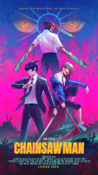 Rule 34 | 2boys, 2girls, black hair, black jacket, black necktie, black pants, blood, blood on clothes, blood on face, blue blood, blue hoodie, brown hair, chainsaw man, collared shirt, copyright name, cross-shaped pupils, denji (chainsaw man), detached eyes, dinhosaur, facing to the side, formal, fox shadow puppet, hair over one eye, hayakawa aki, highres, holding, holding scythe, holding sword, holding weapon, hood, hoodie, jacket, katana, long hair, looking at viewer, looking to the side, makima (chainsaw man), movie poster, multiple boys, multiple girls, necktie, open mouth, pants, pants rolled up, power (chainsaw man), red eyes, ringed eyes, scythe, sharp teeth, shirt, shirt tucked in, short hair, suit, suit jacket, sunburst, sword, symbol-shaped pupils, teeth, tongue, tongue out, weapon, white shirt, yellow eyes