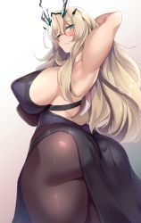 Rule 34 | 1girl, arm behind head, arm up, armpits, ass, bare shoulders, black dress, blonde hair, breasts, brown pantyhose, dress, barghest (fate), barghest (second ascension) (fate), fate/grand order, fate (series), gradient background, green eyes, highres, horns, kuronyan, large breasts, long hair, looking at viewer, muscular, muscular female, one eye closed, pantyhose, pelvic curtain, sideboob, solo, thighs