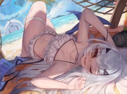 Rule 34 | 2girls, baobhan sith (fate), baobhan sith (swimsuit pretender) (fate), bare shoulders, beach, bikini, blush, breasts, cernunnos (fate), character hood, dragon wings, fate/grand order, fate (series), fish bottle, forked eyebrows, highres, long hair, looking at viewer, lying, m0 chi, melusine (fate), multiple girls, navel, on back, one eye closed, open mouth, sidelocks, small breasts, smile, solo focus, swimsuit, tail, thighs, white bikini, white hair, wings, yellow eyes