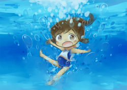 Rule 34 | 10s, 1girl, :d, bad id, bad pixiv id, brown eyes, brown hair, full body, hinata yuu, i-401 (kancolle), in water, kantai collection, looking at viewer, open mouth, outstretched arms, ponytail, school swimsuit, school uniform, serafuku, smile, solo, spread arms, submerged, swimsuit, swimsuit under clothes