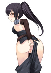 Rule 34 | 1girl, ass, bent over, black hair, blush, breasts, brown eyes, dress, female focus, long hair, open mouth, ponytail, pussy, simple background, solo, standing, tagme, uncensored, white background