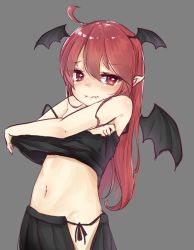 Rule 34 | 1girl, ahoge, alternate costume, bad id, bad pixiv id, bare arms, bare shoulders, bat wings, black skirt, black wings, blush, camisole, camisole lift, closed mouth, clothes lift, cowboy shot, embarrassed, fangs, female focus, grey background, head wings, koakuma, lifting own clothes, long hair, meropantsu, navel, pleated skirt, raised eyebrows, red eyes, red hair, simple background, skirt, solo, standing, stomach, straight hair, strap slip, touhou, undressing, wings