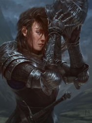 Rule 34 | 1girl, absurdres, armor, belt, blue eyes, breastplate, brown hair, commentary, earrings, english commentary, female knight, full armor, gauntlets, hands up, helmet, highres, jewelry, knight, long hair, looking at viewer, manuel castanon, original, outdoors, parted lips, pauldrons, removing helmet, shoulder armor, signature, solo, stud earrings, sweat, sword, upper body, weapon