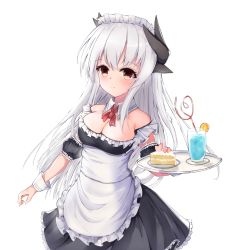 Rule 34 | 1girl, apron, bare shoulders, black dress, blush, breasts, cake, cleavage, commentary request, dragon horns, dress, drinking straw, fate/grand order, fate (series), food, fruit, highres, horns, kiyohime (fate), kiyohime (third ascension) (fate), long hair, looking at viewer, maid, maid headdress, medium breasts, simple background, smile, solo, strawberry, taikoi7, white apron, white background, white hair, yellow eyes