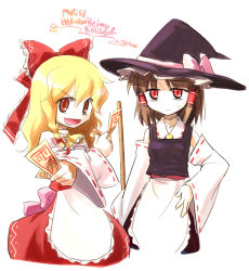 Rule 34 | &gt;:), 2girls, :d, apron, blonde hair, bored, bow, brown hair, cosplay, costume switch, detached sleeves, female focus, hair bow, hair tubes, hakurei reimu, hakurei reimu (cosplay), jitome, kirisame marisa, kirisame marisa (cosplay), multiple girls, nightea, ofuda, open mouth, red eyes, smile, touhou, v-shaped eyebrows, waist apron