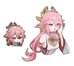 Rule 34 | 1girl, absurdres, animal ears, bare shoulders, breasts, chibi, cropped torso, detached sleeves, earrings, fox ears, genshin impact, genshin impact sticker redraw (meme), hair between eyes, hair ornament, hand up, highres, japanese clothes, jewelry, long hair, long sleeves, medium breasts, meme, mo (mo80 rr), open mouth, pink hair, purple eyes, reference inset, smile, solo, teeth, upper body, upper teeth only, very long hair, wide sleeves, yae miko