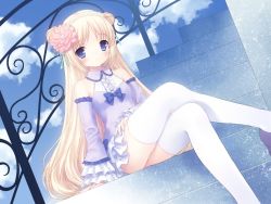 Rule 34 | 1girl, bare shoulders, blonde hair, blue eyes, blush, chitosezaka suzu, cloud, crossed legs, day, detached sleeves, double bun, dress, female focus, flower, frown, hair bun, hair flower, hair ornament, hairband, highres, long hair, original, railing, ribbon, sitting, sitting on stairs, sky, sleeves past wrists, solo, stairs, thighhighs, very long hair, wallpaper, white thighhighs
